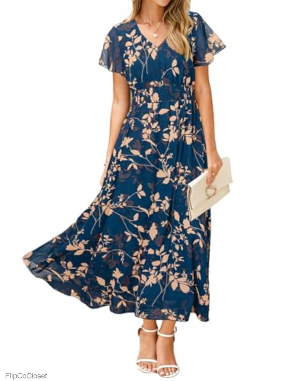 Womens Floral Maxi Dress Short Sleeve Boho Wedding Guest Empire Waist Chiffon